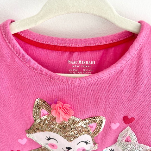 Isaac Mizrahi Pink Long Sleeve Tee with Sequins Cat & Heart Design | Girl XS (4) - Picture 3 of 8